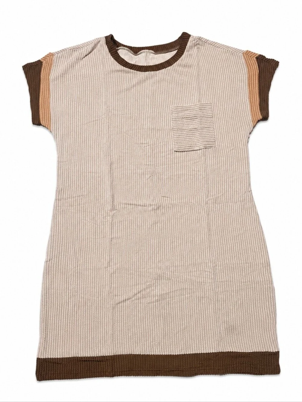 Women’s Brown Cream Striped Ribbed T-Shirt Dress Pocket Size M New